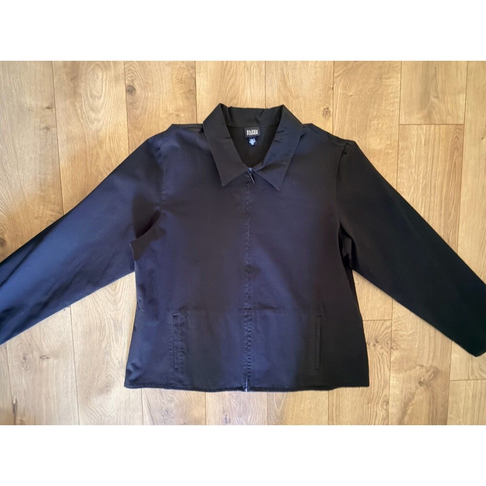Black Eileen Fisher Zip Up Jacket Cotton Long Sleeve Collared Size XL